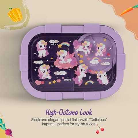 BAYBEE Unicorn Kids Lunch Box with 4 Compartments & Sauce Container | BPA-Free Airtight Bento Box 1000ml + 250ml with 6-Side Locking System | Hot Food Tiffin Box for School Kids Boys, Girls (Purple)