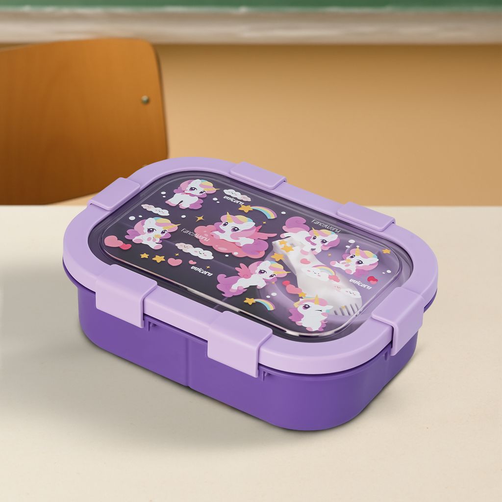 BAYBEE Unicorn Kids Lunch Box with 4 Compartments & Sauce Container | BPA-Free Airtight Bento Box 1000ml + 250ml with 6-Side Locking System | Hot Food Tiffin Box for School Kids Boys, Girls (Purple)