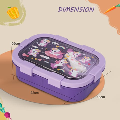 BAYBEE Unicorn Kids Lunch Box with 4 Compartments & Sauce Container | BPA-Free Airtight Bento Box 1000ml + 250ml with 6-Side Locking System | Hot Food Tiffin Box for School Kids Boys, Girls (Purple)