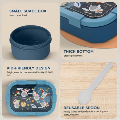 BAYBEE Astronaut Kids Lunch Box with 4 Compartments & Sauce Container | BPA-Free Airtight Bento Box 1000ml + 250ml with 6-Side Locking System | Hot Food Tiffin Box for School Kids Boys, Girls (Blue)