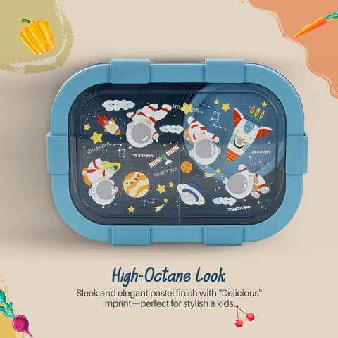 BAYBEE Astronaut Kids Lunch Box with 4 Compartments & Sauce Container | BPA-Free Airtight Bento Box 1000ml + 250ml with 6-Side Locking System | Hot Food Tiffin Box for School Kids Boys, Girls (Blue)
