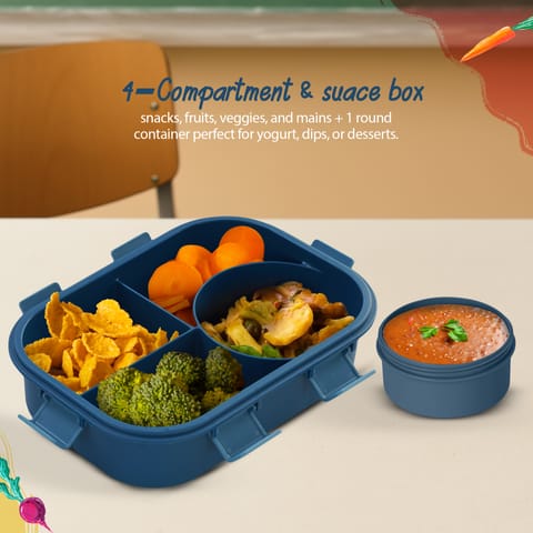 BAYBEE Astronaut Kids Lunch Box with 4 Compartments & Sauce Container | BPA-Free Airtight Bento Box 1000ml + 250ml with 6-Side Locking System | Hot Food Tiffin Box for School Kids Boys, Girls (Blue)