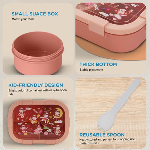 Baybee Fairy Garden Kids Lunch Box with 4 Compartments & Sauce Container | BPA-Free Airtight Bento Box 1000ml + 250ml with 6-Side Locking System | Hot Food Tiffin Box for School Kids Boys,Girls (Pink)