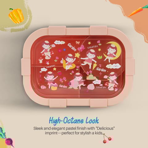 Baybee Fairy Garden Kids Lunch Box with 4 Compartments & Sauce Container | BPA-Free Airtight Bento Box 1000ml + 250ml with 6-Side Locking System | Hot Food Tiffin Box for School Kids Boys,Girls (Pink)