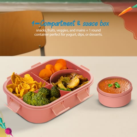 Baybee Fairy Garden Kids Lunch Box with 4 Compartments & Sauce Container | BPA-Free Airtight Bento Box 1000ml + 250ml with 6-Side Locking System | Hot Food Tiffin Box for School Kids Boys,Girls (Pink)