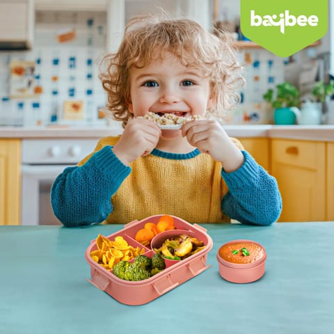 Baybee Fairy Garden Kids Lunch Box with 4 Compartments & Sauce Container | BPA-Free Airtight Bento Box 1000ml + 250ml with 6-Side Locking System | Hot Food Tiffin Box for School Kids Boys,Girls (Pink)