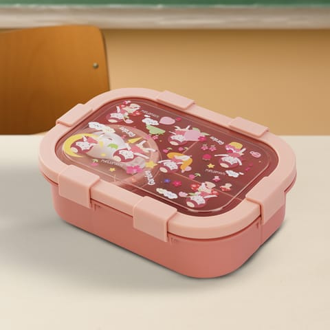 Baybee Fairy Garden Kids Lunch Box with 4 Compartments & Sauce Container | BPA-Free Airtight Bento Box 1000ml + 250ml with 6-Side Locking System | Hot Food Tiffin Box for School Kids Boys,Girls (Pink)