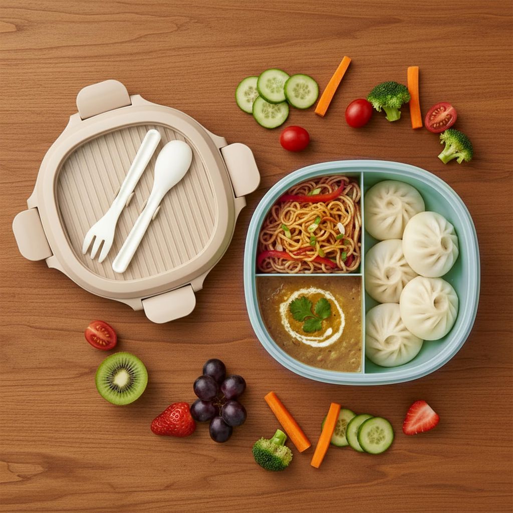 BAYBEE Lunch Box for Kids 3 Compartment with Spoon & Fork | BPA Free Food Grade Leak Proof Tiffin Box for School, Office, College | Hot Microwave & Dishwasher Safe Lunchbox Kids, Adults 1100ml (Blue)