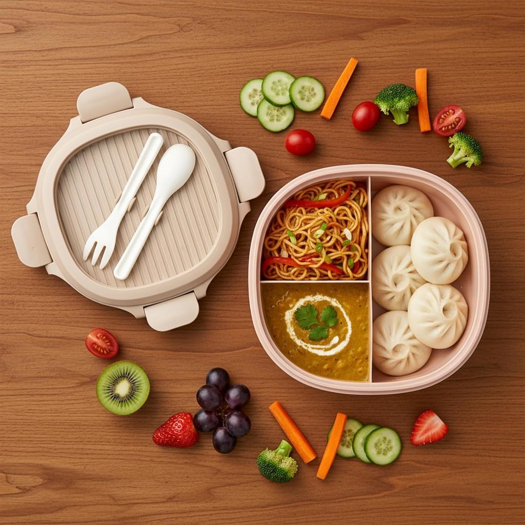 BAYBEE Lunch Box for Kids 3 Compartment with Spoon & Fork | BPA Free Food Grade Leak Proof Tiffin Box for School, Office, College | Hot Microwave & Dishwasher Safe Lunchbox Kids, Adults 1100ml (Pink)