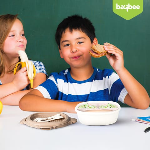 Baybee Lunch Box for kids 3 Compartment with Spoon & Fork | BPA Free Food Grade Leak Proof Tiffin Box for School, Office, College | Hot Microwave & Dishwasher Safe LunchBox Kids, Adults 1100ml (White)