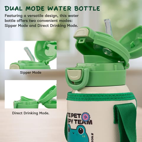 BAYBEE 2 in 1 PandaPlunge Baby Sipper Water Bottle with Straw for Kids | Leak Proof Sipper Water Bottle with Carry Pouch & Adjustable Strap | BPA Free & Non-Toxic with 550ml Drinking Bottle (Green)