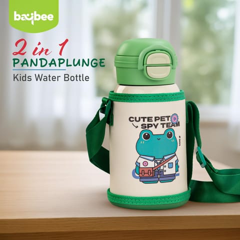 BAYBEE 2 in 1 PandaPlunge Baby Sipper Water Bottle with Straw for Kids | Leak Proof Sipper Water Bottle with Carry Pouch & Adjustable Strap | BPA Free & Non-Toxic with 550ml Drinking Bottle (Green)