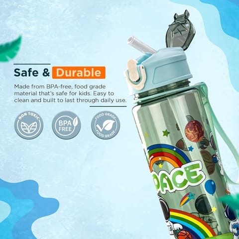 BAYBEE Galaxy Kids Water Bottle 800ml | Leak-Proof Baby Sipper Bottle with Flip Lock Lid & Silicone Straw | BPA-Free School Water Bottle for Boys & Girls, Drinking Training Sipper Bottle Kids (Green)