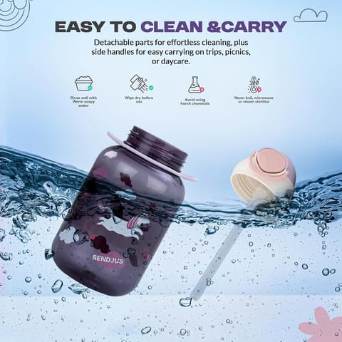 Baybee Univio Baby Sipper Bottle for Kids | Drinking Water Bottle for School Kids with Soft Silicone Straw & Adjustable Strap | Leak Proof BPA-Free 750ml Sippy Water Bottle for Kids,Boys Girls(Purple)