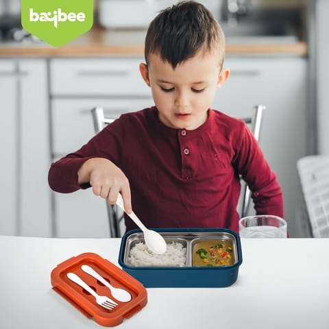 BAYBEE Kids Lunch Box 800ml | Leak-Proof & Microwave Safe 4-Side Lock BPA-Free Tiffin Box | Detachable Stainless Steel Plate, Spoon & Fork Included | Durable Lunch Box for School & Office (Red)