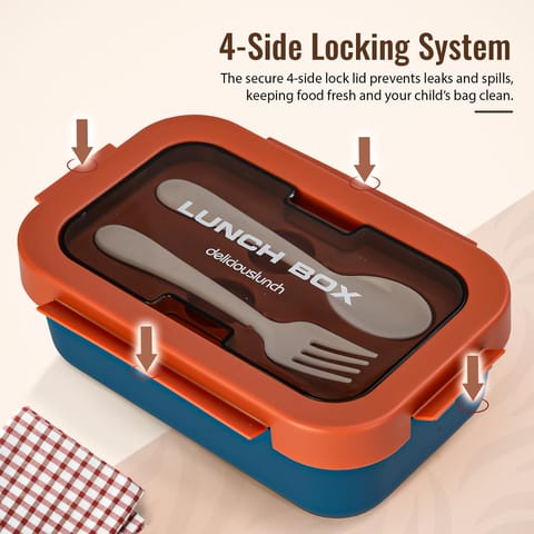 BAYBEE Kids Lunch Box 800ml | Leak-Proof & Microwave Safe 4-Side Lock BPA-Free Tiffin Box | Detachable Stainless Steel Plate, Spoon & Fork Included | Durable Lunch Box for School & Office (Red)