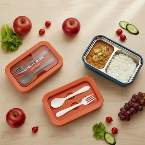BAYBEE Kids Lunch Box 800ml | Leak-Proof & Microwave Safe 4-Side Lock BPA-Free Tiffin Box | Detachable Stainless Steel Plate, Spoon & Fork Included | Durable Lunch Box for School & Office (Red)