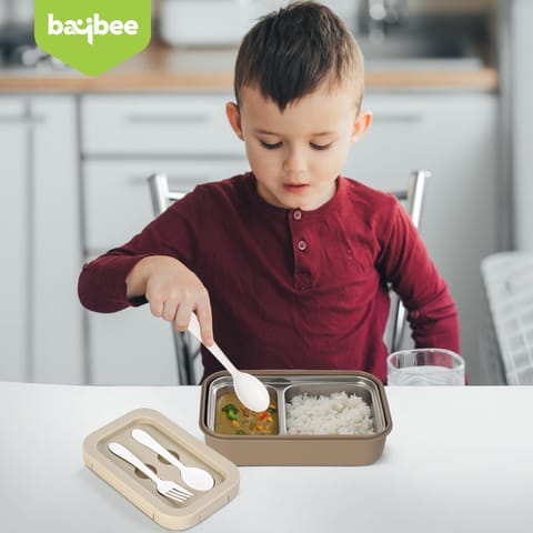 BAYBEE Kids Lunch Box 800ml | Leak-Proof & Microwave Safe 4-Side Lock BPA-Free Tiffin Box | Detachable Stainless Steel Plate, Spoon & Fork Included | Durable Lunch Box for School & Office (Beige)