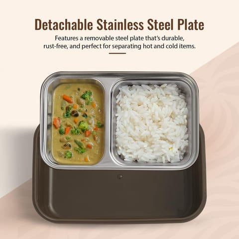 BAYBEE Kids Lunch Box 800ml | Leak-Proof & Microwave Safe 4-Side Lock BPA-Free Tiffin Box | Detachable Stainless Steel Plate, Spoon & Fork Included | Durable Lunch Box for School & Office (Beige)