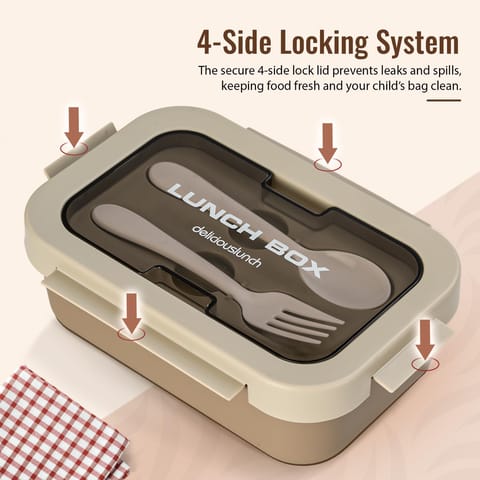 BAYBEE Kids Lunch Box 800ml | Leak-Proof & Microwave Safe 4-Side Lock BPA-Free Tiffin Box | Detachable Stainless Steel Plate, Spoon & Fork Included | Durable Lunch Box for School & Office (Beige)
