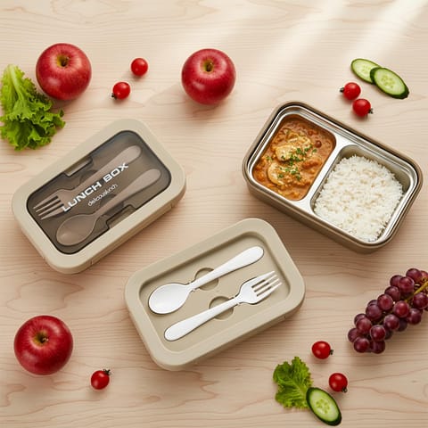 BAYBEE Kids Lunch Box 800ml | Leak-Proof & Microwave Safe 4-Side Lock BPA-Free Tiffin Box | Detachable Stainless Steel Plate, Spoon & Fork Included | Durable Lunch Box for School & Office (Beige)