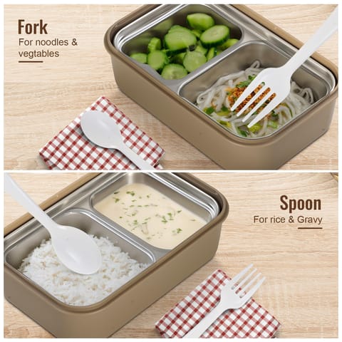 BAYBEE Kids Lunch Box 800ml | Leak-Proof & Microwave Safe 4-Side Lock BPA-Free Tiffin Box | Detachable Stainless Steel Plate, Spoon & Fork Included | Durable Lunch Box for School & Office (Beige)