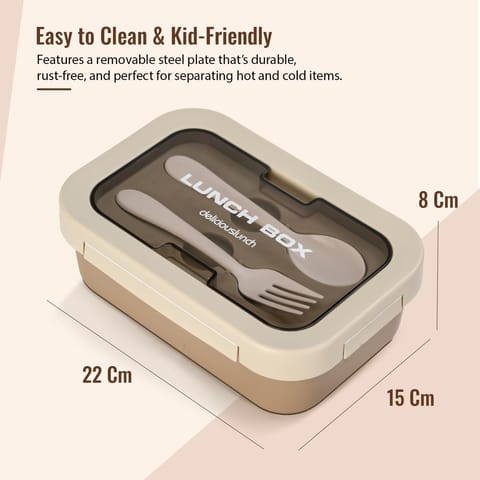 BAYBEE Kids Lunch Box 800ml | Leak-Proof & Microwave Safe 4-Side Lock BPA-Free Tiffin Box | Detachable Stainless Steel Plate, Spoon & Fork Included | Durable Lunch Box for School & Office (Beige)