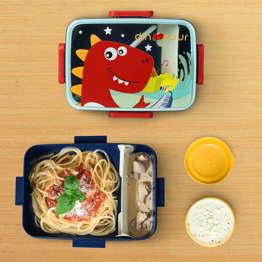 Baybee Astrobit Kids Lunch Box 600ml With Spoon | Cute Dinosaur Design Leak-Proof Tiffin Box with 2 Compartments & Sauce Container | BPA-Free Durable Lunchbox for School, Travel, Snacks & Meals (Blue)