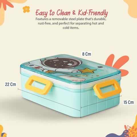 Baybee Astrobit Kids Lunch Box 600ml With Spoon | Cute Astronaut Design Leak-Proof Tiffin Box with 2 Compartments & Sauce Container | BPA-Free Durable Lunchbox for School, Travel,Snacks & Meals(Green)