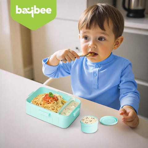 Baybee Astrobit Kids Lunch Box 600ml With Spoon | Cute Astronaut Design Leak-Proof Tiffin Box with 2 Compartments & Sauce Container | BPA-Free Durable Lunchbox for School, Travel,Snacks & Meals(Green)