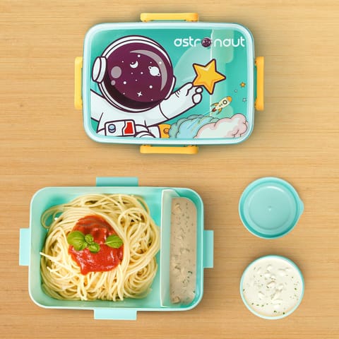 Baybee Astrobit Kids Lunch Box 600ml With Spoon | Cute Astronaut Design Leak-Proof Tiffin Box with 2 Compartments & Sauce Container | BPA-Free Durable Lunchbox for School, Travel,Snacks & Meals(Green)
