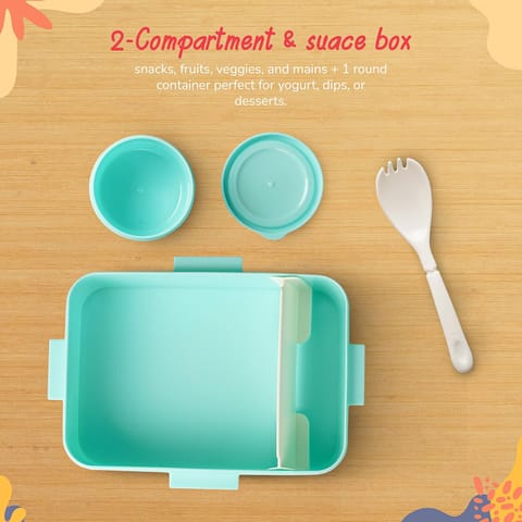 Baybee Astrobit Kids Lunch Box 600ml With Spoon | Cute Astronaut Design Leak-Proof Tiffin Box with 2 Compartments & Sauce Container | BPA-Free Durable Lunchbox for School, Travel,Snacks & Meals(Green)