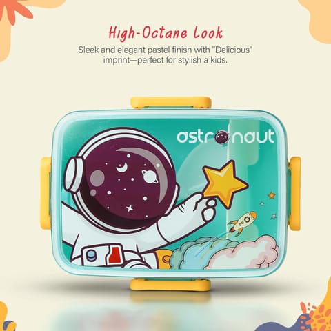 Baybee Astrobit Kids Lunch Box 600ml With Spoon | Cute Astronaut Design Leak-Proof Tiffin Box with 2 Compartments & Sauce Container | BPA-Free Durable Lunchbox for School, Travel,Snacks & Meals(Green)