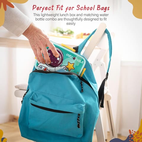 Baybee Astrobit Kids Lunch Box 600ml With Spoon | Cute Astronaut Design Leak-Proof Tiffin Box with 2 Compartments & Sauce Container | BPA-Free Durable Lunchbox for School, Travel,Snacks & Meals(Green)
