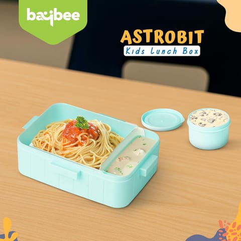 Baybee Astrobit Kids Lunch Box 600ml With Spoon | Cute Astronaut Design Leak-Proof Tiffin Box with 2 Compartments & Sauce Container | BPA-Free Durable Lunchbox for School, Travel,Snacks & Meals(Green)
