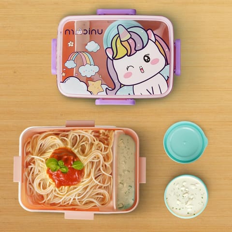 Baybee Astrobit Kids Lunch Box 600ml With Spoon | Cute Unicorn Design Leak-Proof Tiffin Box with 2 Compartments & Sauce Container | BPA-Free Durable Lunchbox for School, Travel,Snacks & Meals (Purple)