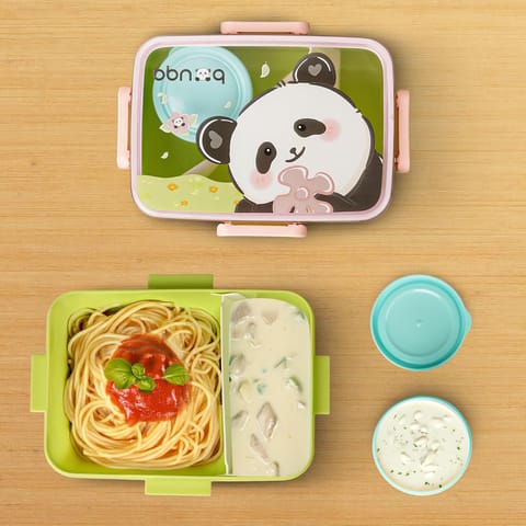 BAYBEE Astrobit Kids Lunch Box 600ml with Spoon | Cute Panda Design Leak-Proof Tiffin Box with 2 Compartments & Sauce Container | BPA-Free Durable Lunchbox for School, Travel, Snacks & Meals (Pink)