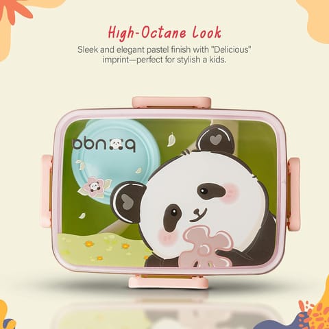 BAYBEE Astrobit Kids Lunch Box 600ml with Spoon | Cute Panda Design Leak-Proof Tiffin Box with 2 Compartments & Sauce Container | BPA-Free Durable Lunchbox for School, Travel, Snacks & Meals (Pink)