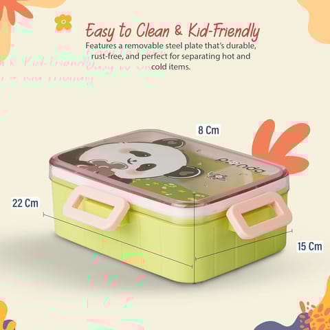BAYBEE Astrobit Kids Lunch Box 600ml with Spoon | Cute Panda Design Leak-Proof Tiffin Box with 2 Compartments & Sauce Container | BPA-Free Durable Lunchbox for School, Travel, Snacks & Meals (Pink)