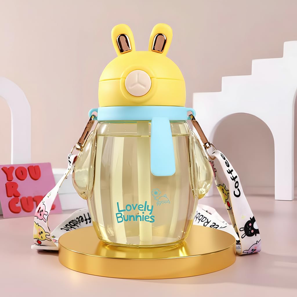 Baybee Lovely Bunnies Kids Water Bottle 600ml | BPA Free & Leakproof Safe Sipper Bottle with Straw | Cute Rabbit Design Smooth Sipping with Handle & Strap, Flip Lid for School Kids & Babys (Yellow)