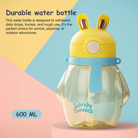 Baybee Lovely Bunnies Kids Water Bottle 600ml | BPA Free & Leakproof Safe Sipper Bottle with Straw | Cute Rabbit Design Smooth Sipping with Handle & Strap, Flip Lid for School Kids & Babys (Yellow)