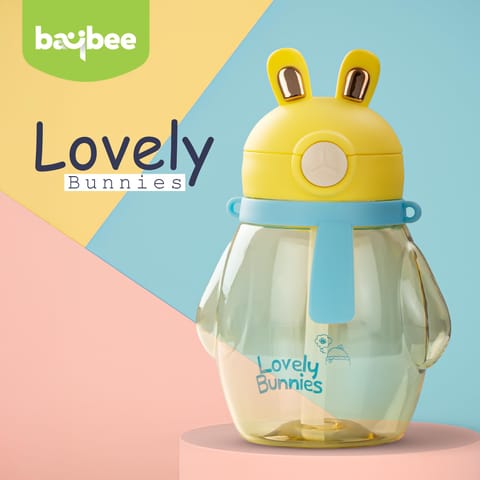 Baybee Lovely Bunnies Kids Water Bottle 600ml | BPA Free & Leakproof Safe Sipper Bottle with Straw | Cute Rabbit Design Smooth Sipping with Handle & Strap, Flip Lid for School Kids & Babys (Yellow)