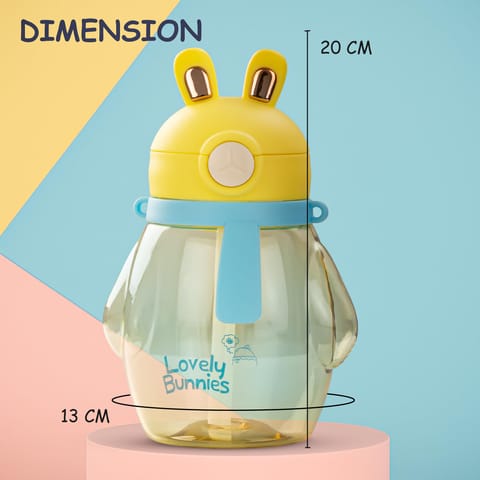 Baybee Lovely Bunnies Kids Water Bottle 600ml | BPA Free & Leakproof Safe Sipper Bottle with Straw | Cute Rabbit Design Smooth Sipping with Handle & Strap, Flip Lid for School Kids & Babys (Yellow)