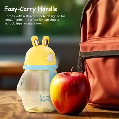 Baybee Lovely Bunnies Kids Water Bottle 600ml | BPA Free & Leakproof Safe Sipper Bottle with Straw | Cute Rabbit Design Smooth Sipping with Handle & Strap, Flip Lid for School Kids & Babys (Yellow)
