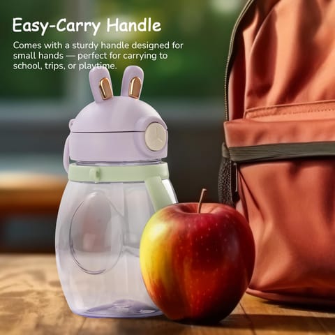 Baybee Lovely Bunnies Kids Water Bottle 600ml | BPA Free & Leakproof Safe Sipper Bottle with Straw | Cute Rabbit Design Smooth Sipping with Handle & Neck Strap,Flip Lid for School Kids & Babys(Purple)