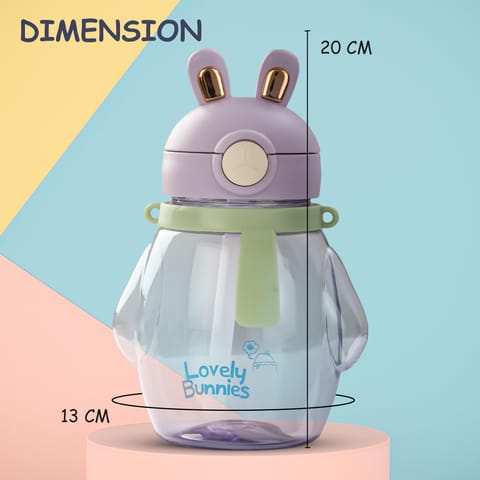 Baybee Lovely Bunnies Kids Water Bottle 600ml | BPA Free & Leakproof Safe Sipper Bottle with Straw | Cute Rabbit Design Smooth Sipping with Handle & Neck Strap,Flip Lid for School Kids & Babys(Purple)