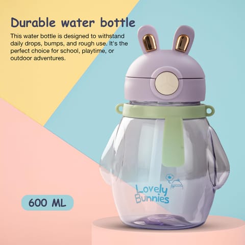 Baybee Lovely Bunnies Kids Water Bottle 600ml | BPA Free & Leakproof Safe Sipper Bottle with Straw | Cute Rabbit Design Smooth Sipping with Handle & Neck Strap,Flip Lid for School Kids & Babys(Purple)