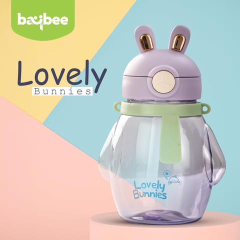 Baybee Lovely Bunnies Kids Water Bottle 600ml | BPA Free & Leakproof Safe Sipper Bottle with Straw | Cute Rabbit Design Smooth Sipping with Handle & Neck Strap,Flip Lid for School Kids & Babys(Purple)