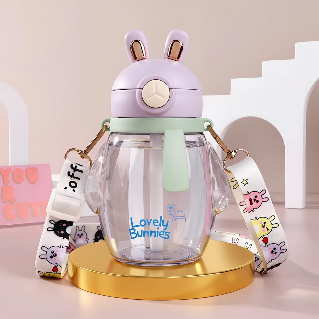 Baybee Lovely Bunnies Kids Water Bottle 600ml | BPA Free & Leakproof Safe Sipper Bottle with Straw | Cute Rabbit Design Smooth Sipping with Handle & Neck Strap,Flip Lid for School Kids & Babys(Purple)