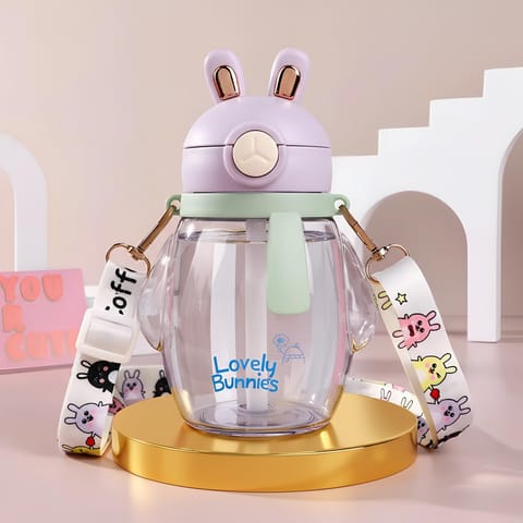 Baybee Lovely Bunnies Kids Water Bottle 600ml | BPA Free & Leakproof Safe Sipper Bottle with Straw | Cute Rabbit Design Smooth Sipping with Handle & Neck Strap,Flip Lid for School Kids & Babys(Purple)